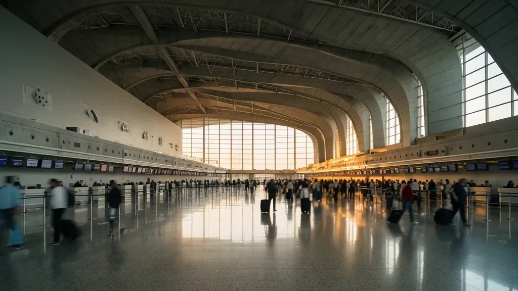 Meksiko City'deki Benito Juárez Uluslararası Havalimanı'nda Terminal 1'in gidiş salonu; yolcular, check-in kontuarları ve gün ışığı