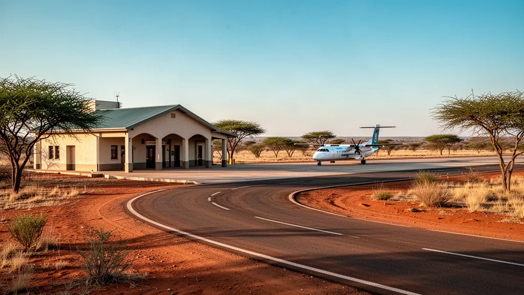 Kleines Regionalflughafenterminal und Landebahn im trockenen Buschveld von Limpopo, Südafrika, die Musina in warmem goldenem Nachmittagslicht bedienen.