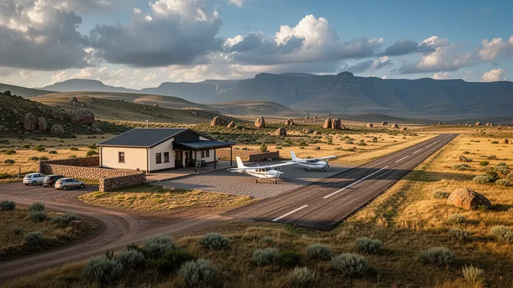 Kleine ländliche Landebahn und bescheidenes Terminalgebäude am Flughafen Mafeteng im Hochland von Lesotho bei warmem Licht am späten Nachmittag