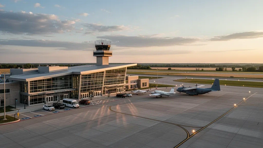 Golden-hour view of Mansfield Lahm Regional Airport's glass terminal, control tower and aircraft apron in Mansfield, Ohio