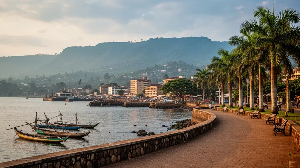 Burundi'de Tanganyika Gölü kıyısında palmiye ağaçlarıyla çevrili Bujumbura sahil yolu; ahşap balıkçı tekneleri ve uzakta yemyeşil tepeler, gün batımı saatlerinde