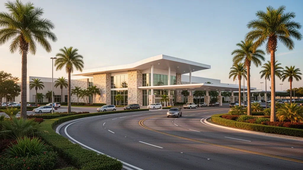 Modern terminal exterior at McAllen Miller International Airport with palm trees and warm golden-hour light.