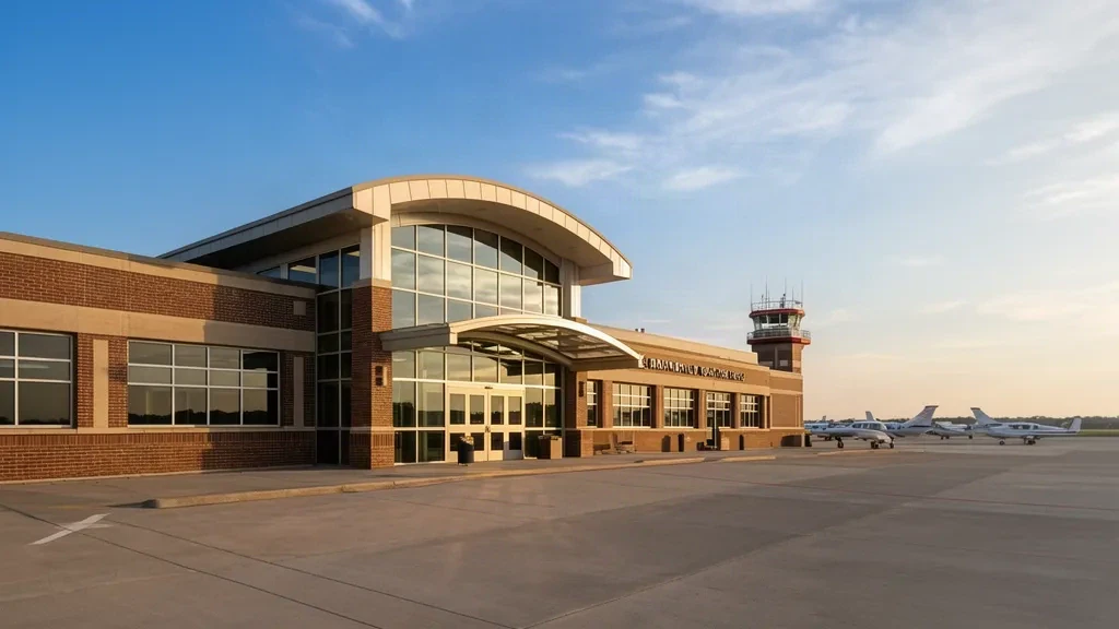 Außenansicht des Terminals des Mansfield Lahm Regional Airport in Mansfield, Ohio, mit großen Fenstern, Vordach und geparkten Flugzeugen.