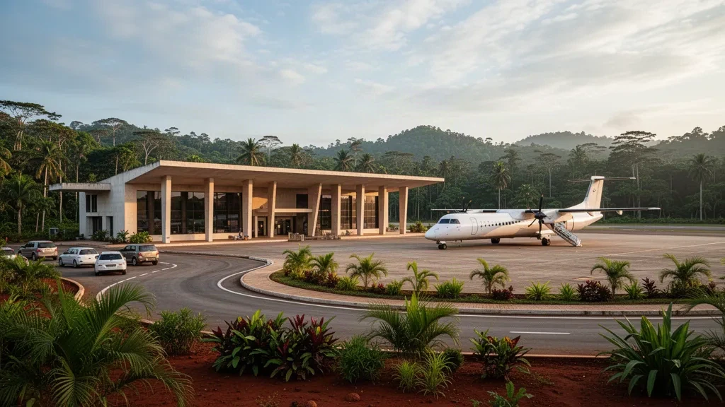 Tropical regional airport terminal and apron at Moanda Airport in Gabon under warm late-afternoon light