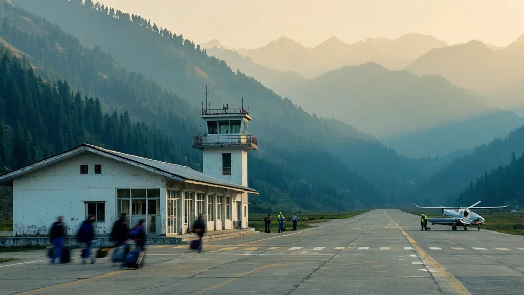 Small regional terminal and control tower at Muzaffarabad Airport in Azad Kashmir, framed by green Himalayan foothills in soft afternoon light