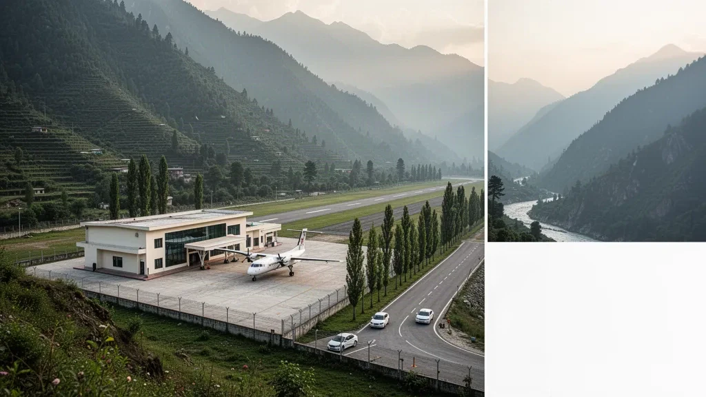 Terminal und Startbahn des Flughafens Muzaffarabad vor den grünen Ausläufern des Himalaya in Azad Kashmir