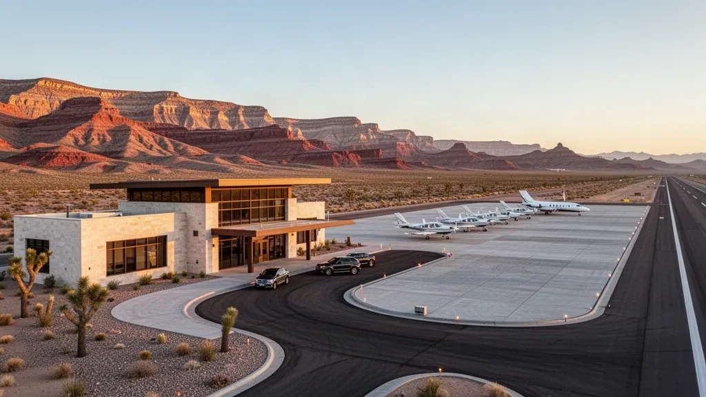Golden-hour view of Mesquite Airport's low-rise terminal and desert apron with parked light aircraft, framed by red Nevada mesas