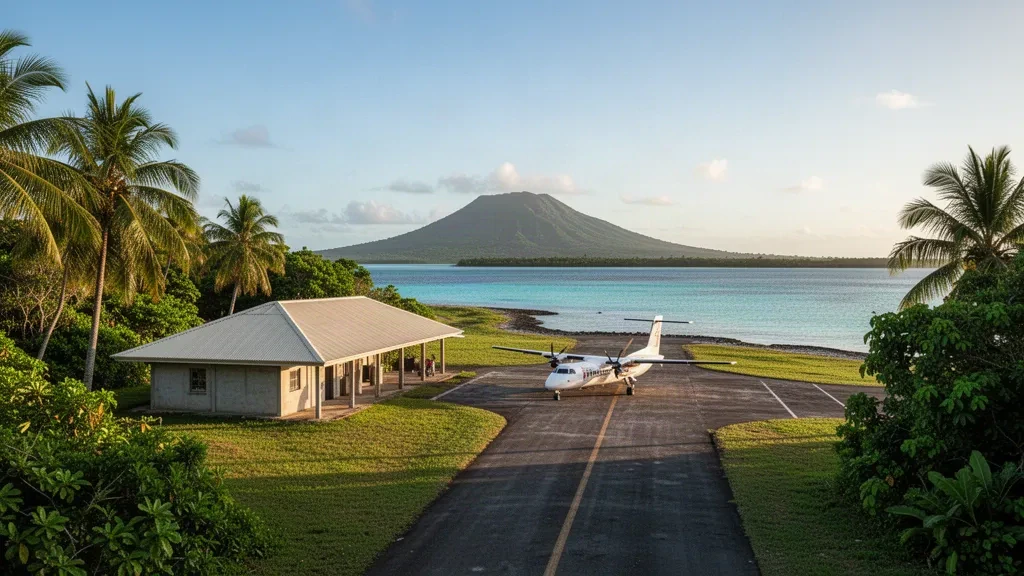 Tropical island airstrip at Moala Airport in Fiji's Lau Islands, with a coral runway, palm trees and a turquoise lagoon beyond.