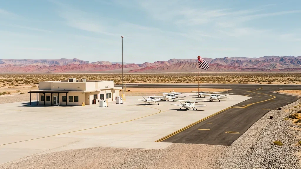 Petit bâtiment terminal et aéronefs légers amarrés sur le tarmac ensoleillé de l'aéroport de Mesquite, dans le Nevada, avec des mesas désertiques en arrière-plan