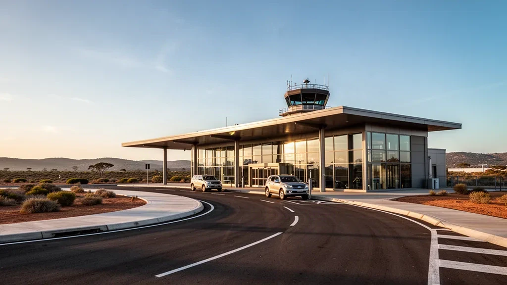 Moderno terminal aeroportuale regionale presso l'Aeroporto di Mount Full Stop MFL con facciata in vetro, corsia di sosta e torre di controllo durante l'ora d'oro