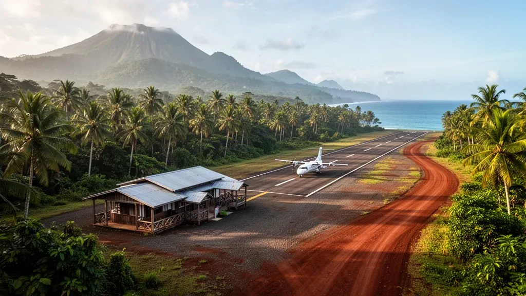 Pequeña pista de aterrizaje tropical en el aeropuerto de Manguna, en Nueva Bretaña Oriental, Papúa Nueva Guinea, con una terminal modesta y selva tropical de fondo