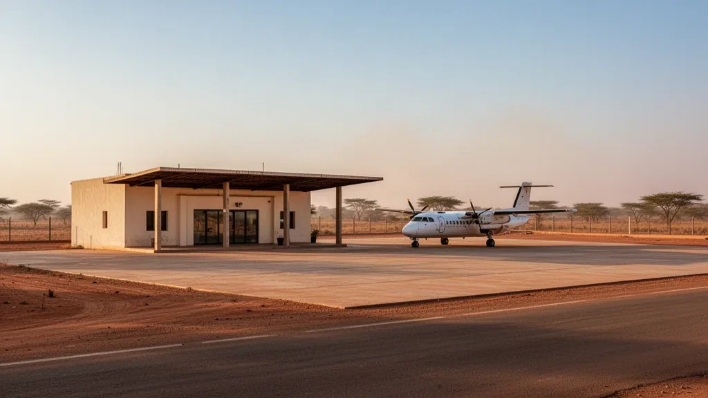 Low-rise terminal and apron at Maradi Airport in Niger under warm Sahelian light, with a parked turboprop aircraft and dusty landscape