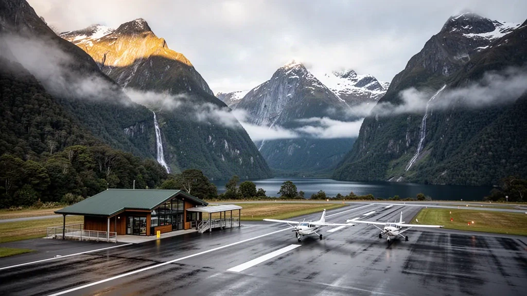 Piccolo campo di aviazione panoramico con aerei leggeri parcheggiati e imponenti montagne del Fiordland presso l'aeroporto di Milford Sound, Nuova Zelanda.