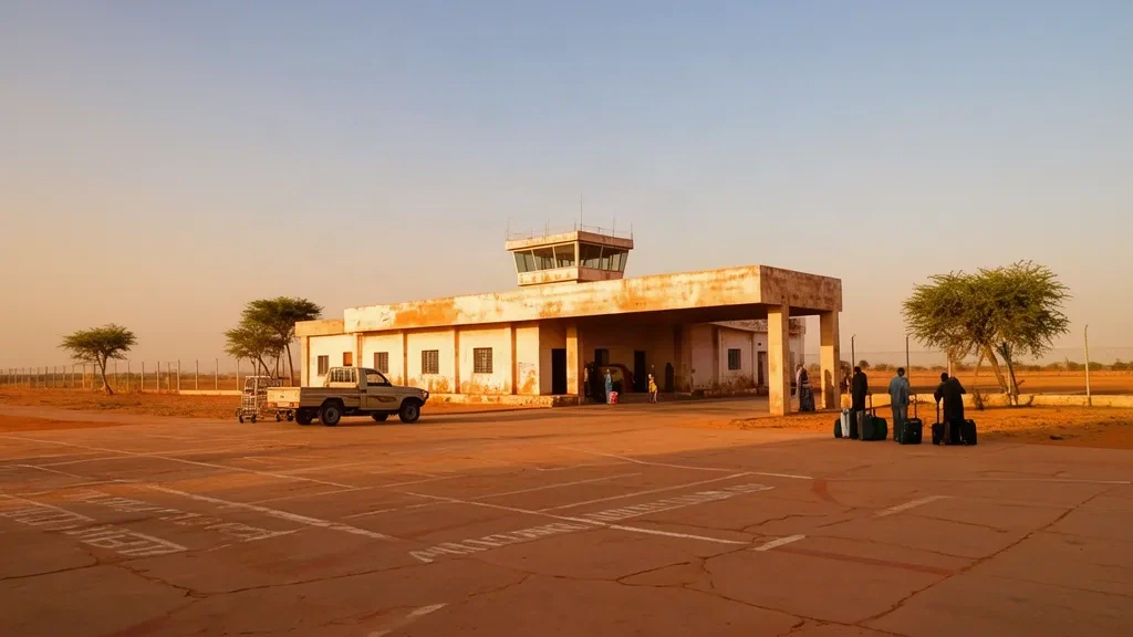 Regional terminal building and dusty apron at Maradi Airport in Niger under a hazy Sahel sky