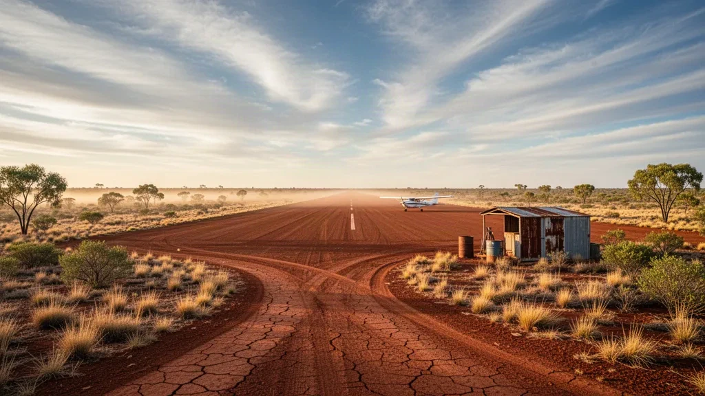Pista remota del outback en el aeropuerto de Manners Creek, en el Territorio del Norte, con una pista de tierra roja a la hora dorada