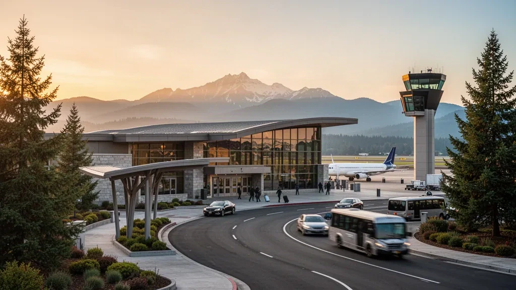 Modern glass terminal exterior at Rogue Valley International-Medford Airport with mountain views and curbside drop-off at golden hour