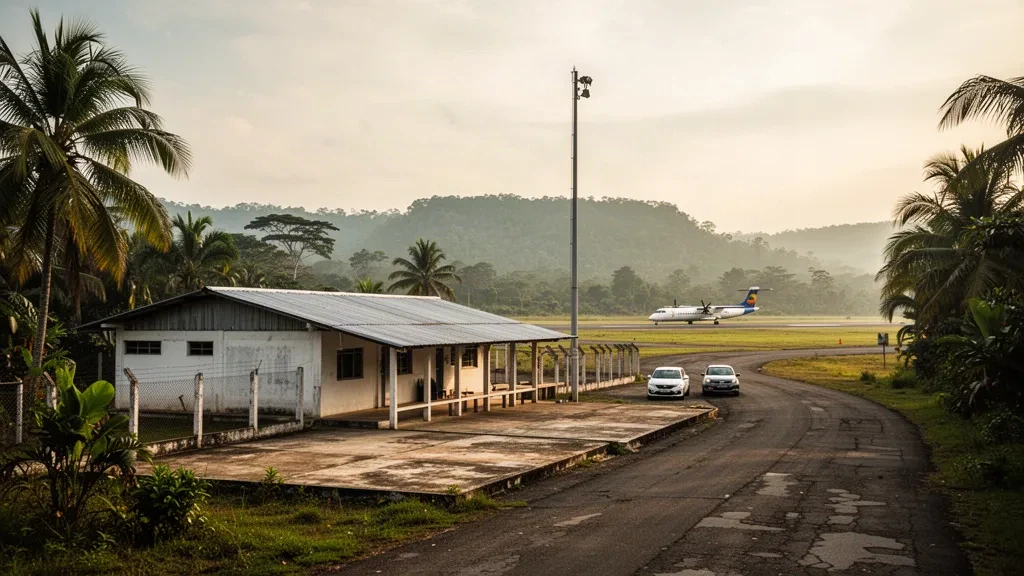Kleines regionales Terminal am Flughafen Miraflores in der kolumbianischen Region Guaviare mit tropischer Vegetation, Start- und Landebahn und offenem Himmel im goldenen Licht