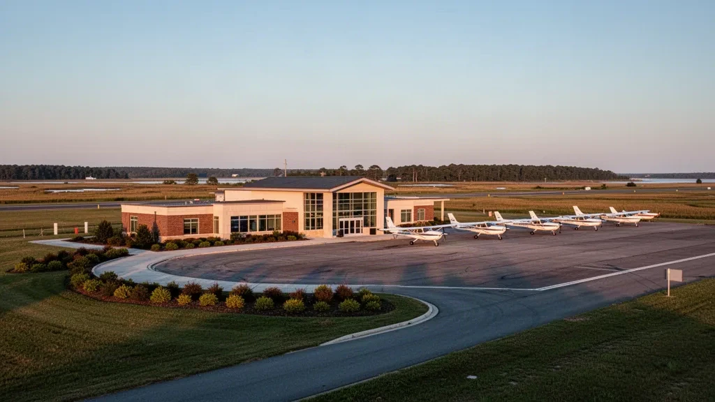 Small county airport terminal and aircraft apron on Virginia's Eastern Shore in warm late-afternoon light near Melfa