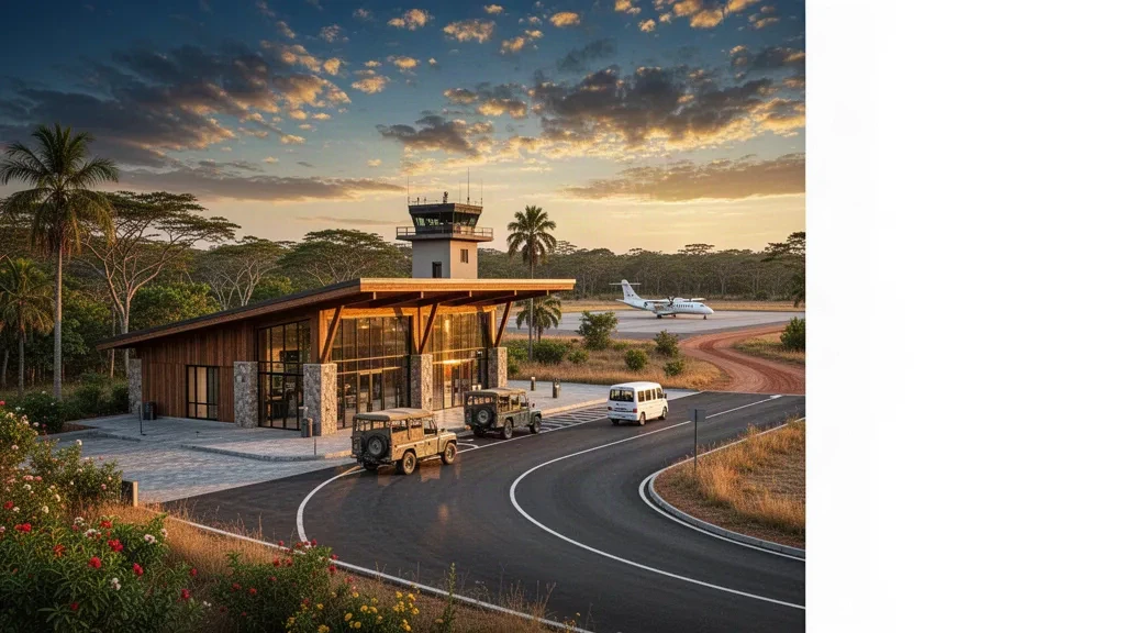 Vista a la hora dorada de la terminal del Aeropuerto Internacional de Mfuwe en Zambia con vehículos de safari en el carril de descenso y bosque de miombo más allá
