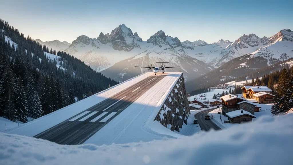 Pista de aterrizaje nevada en la ladera de una montaña en el aeródromo de Méribel, en los Alpes franceses, rodeada de bosque de pinos y escarpados picos alpinos durante la hora dorada.