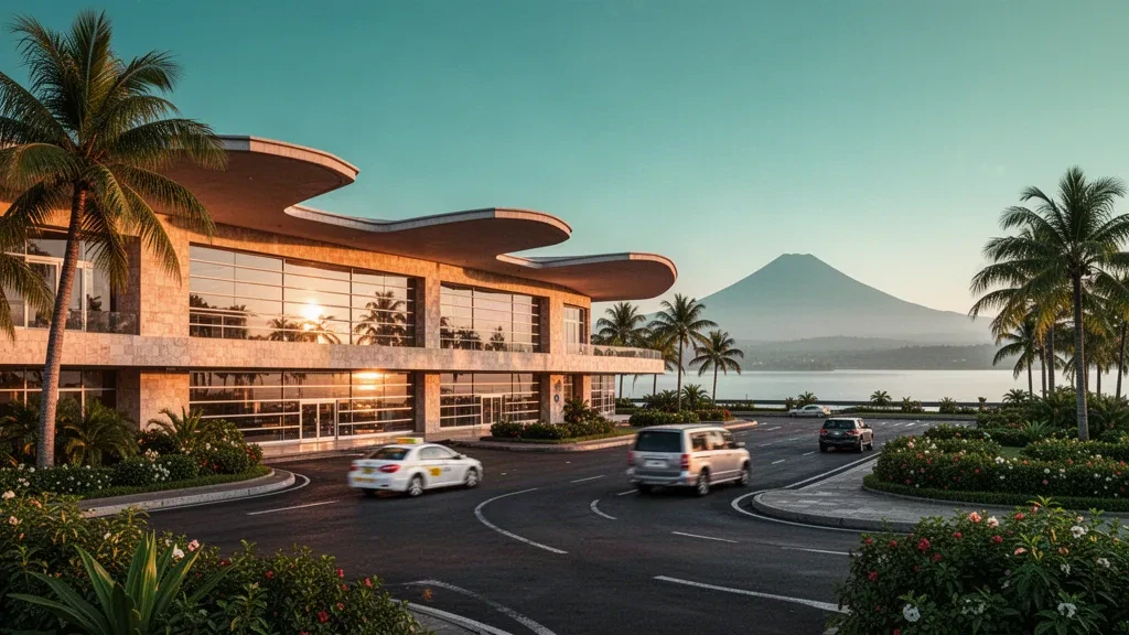 Modern terminal exterior and drop-off area at Augusto C. Sandino International Airport in Managua, Nicaragua, with palm trees and a volcanic backdrop at golden