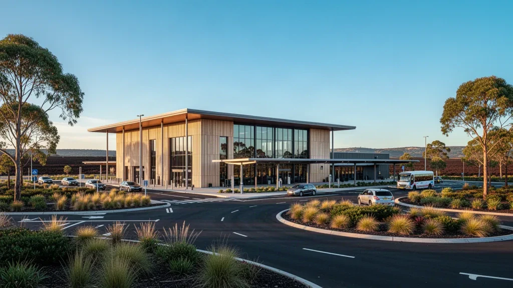 Exterior moderno de la terminal de vidrio y madera en el aeropuerto de Mount Gambier con carril de descenso y luz de hora dorada