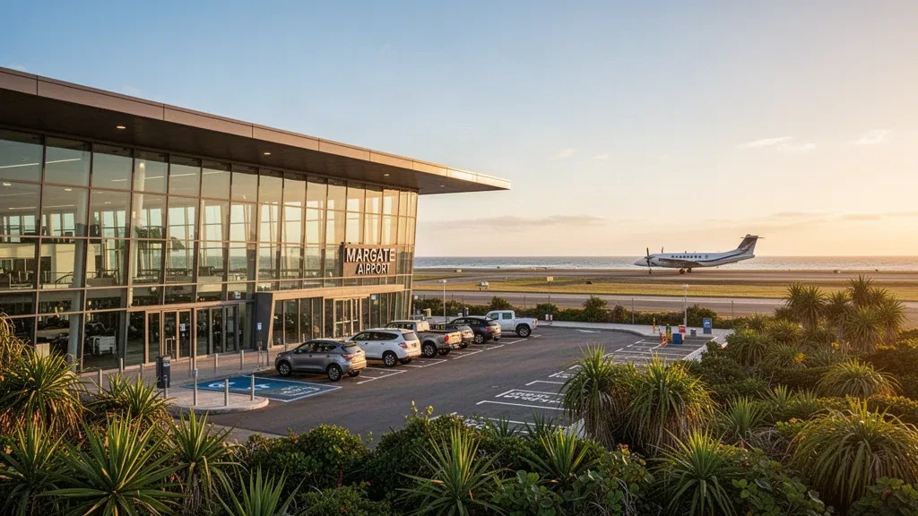 Margate Airport terminal exterior with drop-off zone and runway at golden hour, coastal South African setting, professional travel photography.