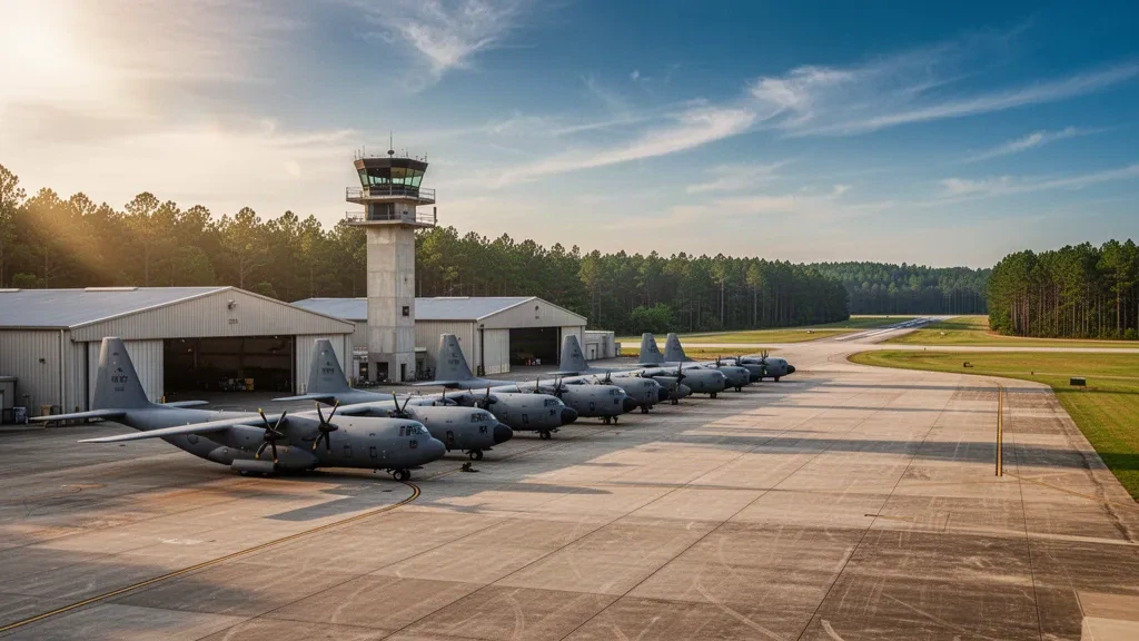 Avión de transporte militar en la línea de vuelo de la Base de la Reserva Aérea de Dobbins en Marietta, Georgia, con hangares y torre de control durante la hora dorada