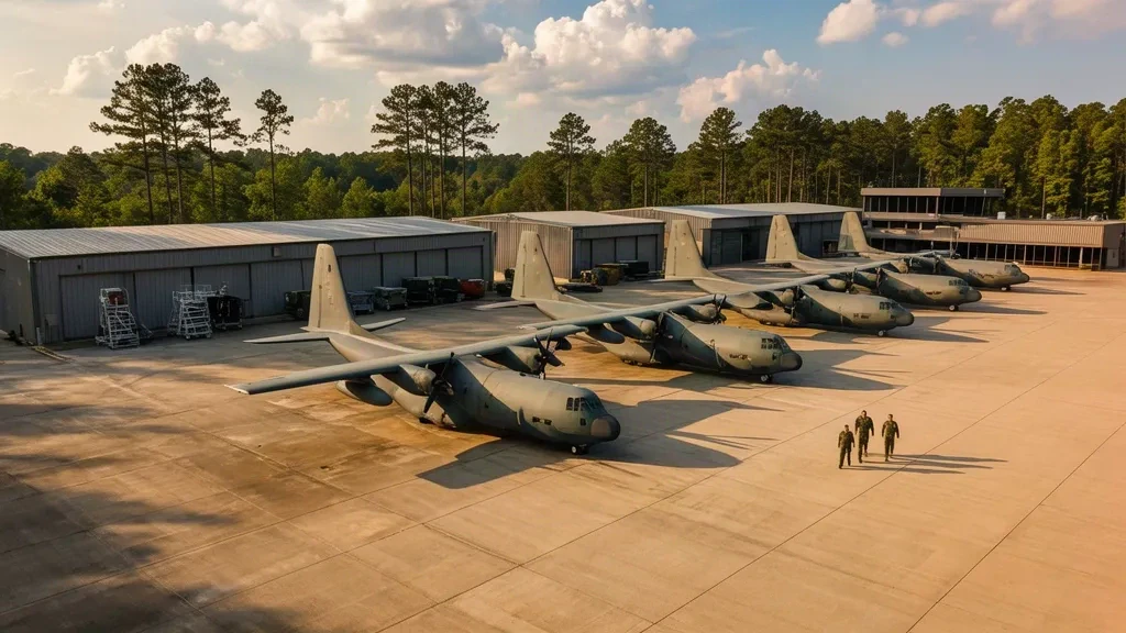 Aviones de transporte militar y hangares en la línea de vuelo de la Base de la Reserva Aérea de Dobbins en Marietta, Georgia