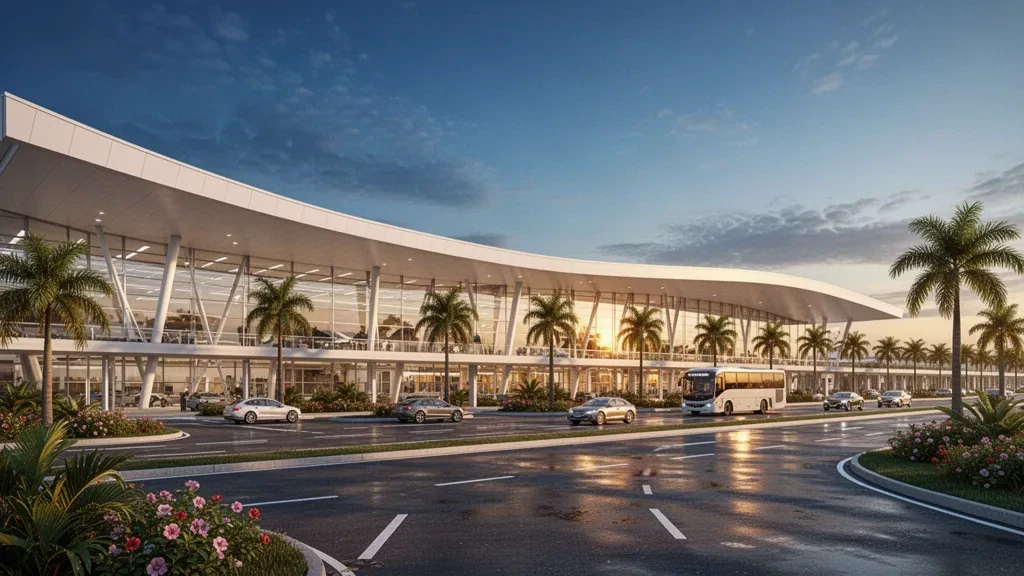 Esterno moderno in vetro del terminal dell'Aeroporto Regionale Sílvio Name Júnior di Maringá, in Brasile, illuminato nell'ora d'oro con corsie di sosta ordinate