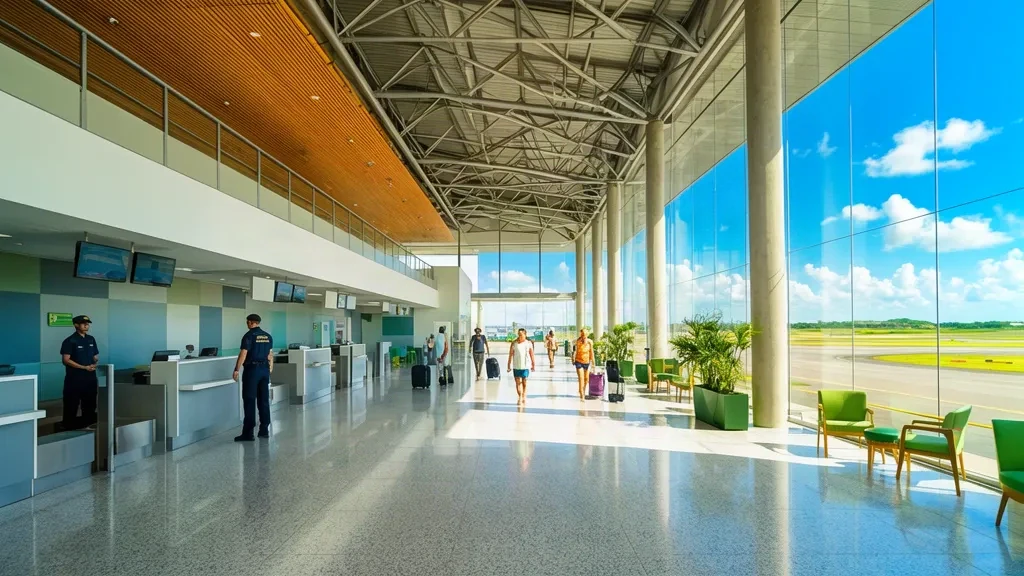 Brezilya'nın Paraná eyaletindeki Maringá Bölgesel Havalimanı Sílvio Name Júnior'da (MGF) check-in kontuarları ve cam duvarlarla güneş alan terminal içi