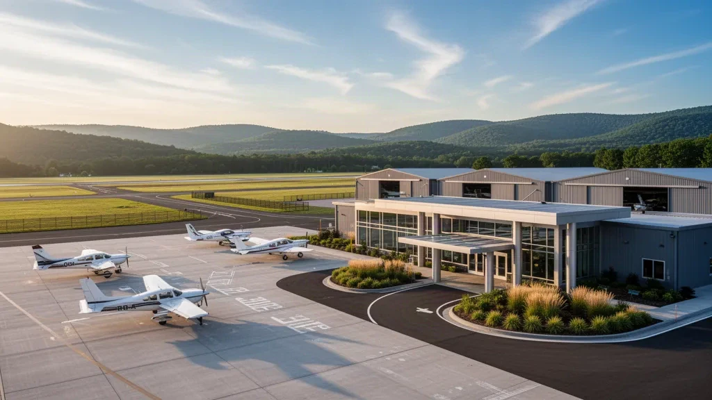 Pequeña terminal de aviación general y hangares en el aeropuerto de Orange County MGJ en Montgomery, Nueva York, durante la hora dorada
