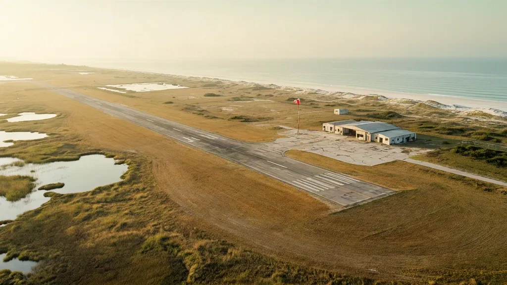 Pista desgastada atravesando la pradera costera en el aeropuerto National Wildlife Refuge de la isla Matagorda MGI, en Texas