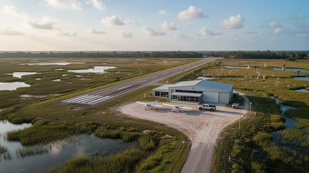 Pista di atterraggio ridotta ed edifici dell'aerodromo presso l'aeroporto di National Wildlife Refuge tra le zone umide costiere dell'ora dorata