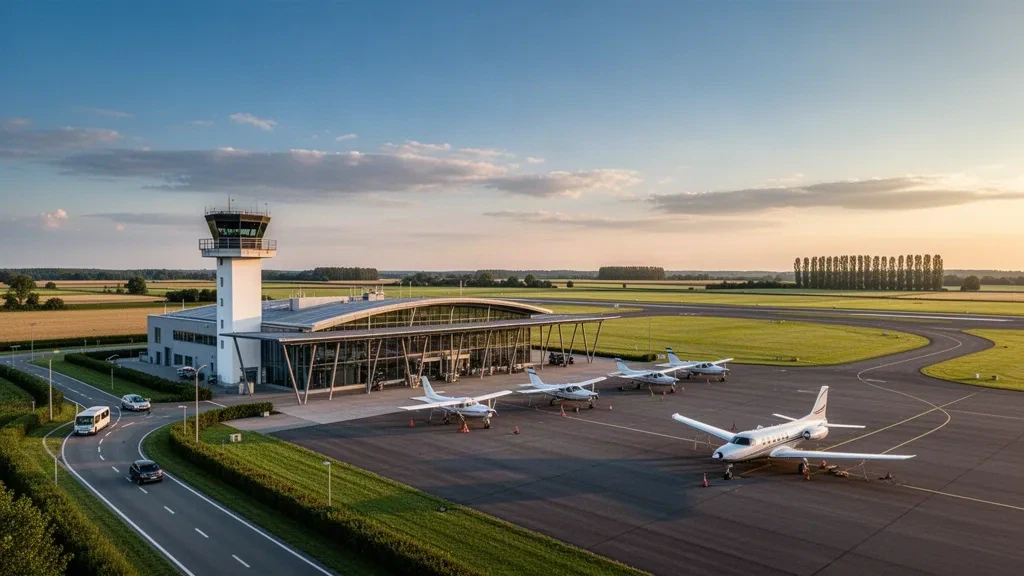 Terminal moderna de cristal, torre de control y plataforma con aviones ligeros en el aeropuerto de Mönchengladbach bajo una cálida luz de hora dorada