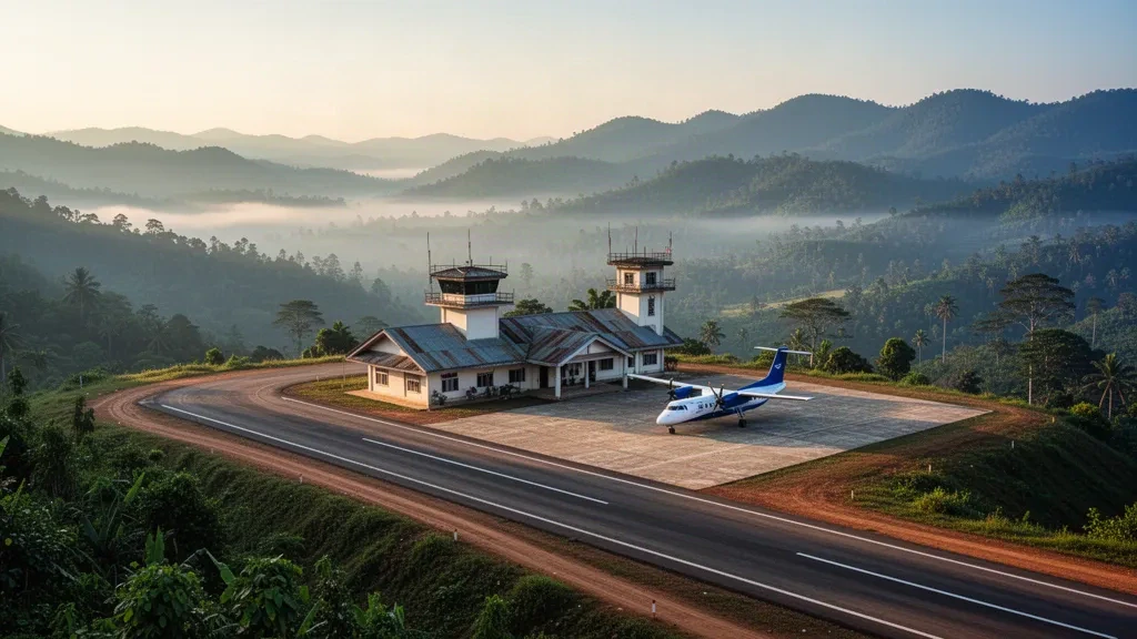 Pequeña terminal de aeropuerto regional, torre de control y pista en Mong Tong, en el estado de Shan, Myanmar, rodeados de colinas verdes y neblinosas al amanecer.