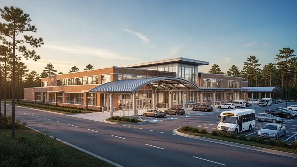 Alabama'daki Montgomery Regional Havalimanı'nda sıcak altın saat ışığı altında modern cam ve tuğla terminal binasının dış cephesi