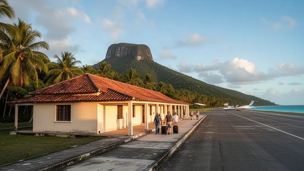 Terminal tropicale dell'aeroporto di Baracoa a Cuba con palme, montagne verdi e calda luce caraibica dell'ora dorata prima dell'arrivo