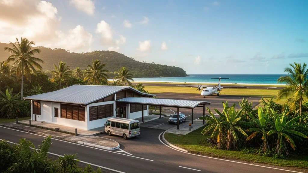 Vista durante la hora dorada de la compacta terminal tropical del aeropuerto de Manga, con techo curvo, plataforma rodeada de palmeras y una aeronave turbohélice de cercanías estacionada