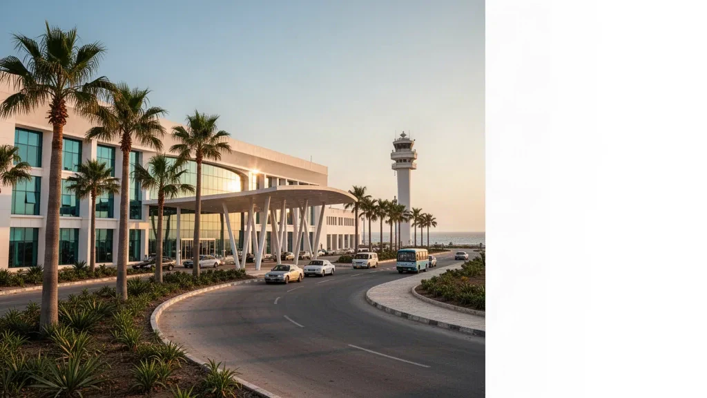 Modern white and glass terminal facade with palm-lined access road at Aden Adde International Airport in Mogadishu at golden hour
