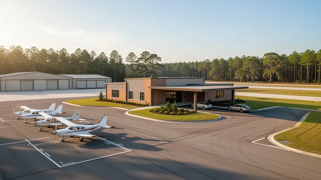 Petit terminal d'aviation générale, aire de trafic et hangars à l'aéroport municipal de Moultrie en Géorgie à l'heure dorée