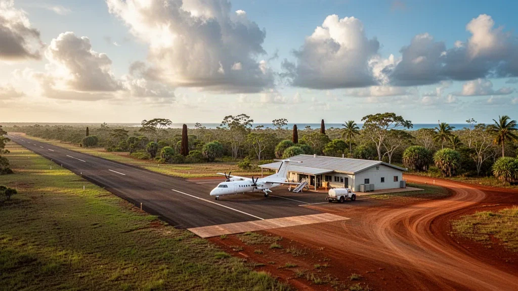 Small tropical airstrip and modest terminal building at Milingimbi Airport in Arnhem Land, Northern Territory, under a wide coastal sky