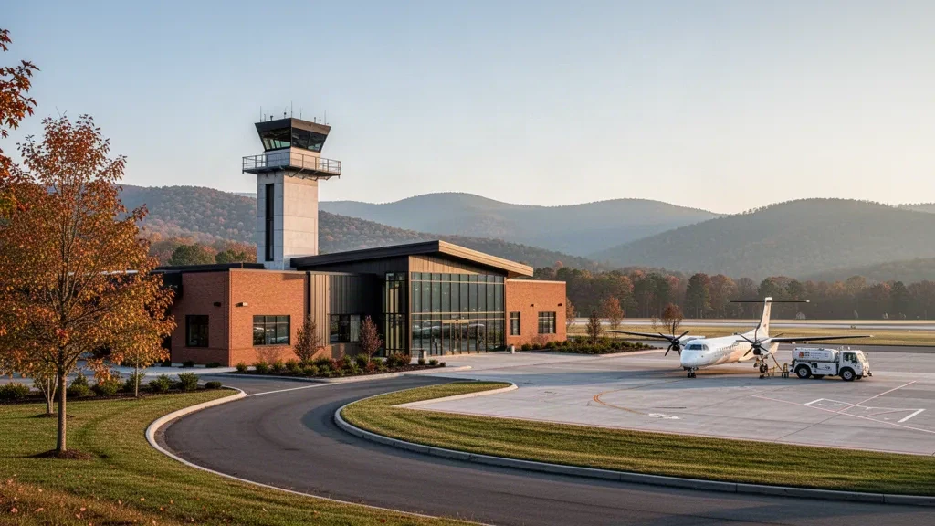 Morning light on the brick terminal and control tower at Morgantown Municipal Airport with wooded West Virginia hills beyond