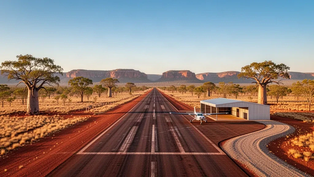 Abgelegene Outback-Landebahn am Margaret River Station Airport in den Kimberleys, Western Australia, zur goldenen Stunde mit kleinem Unterstand und geparkten Leichtflugzeugen