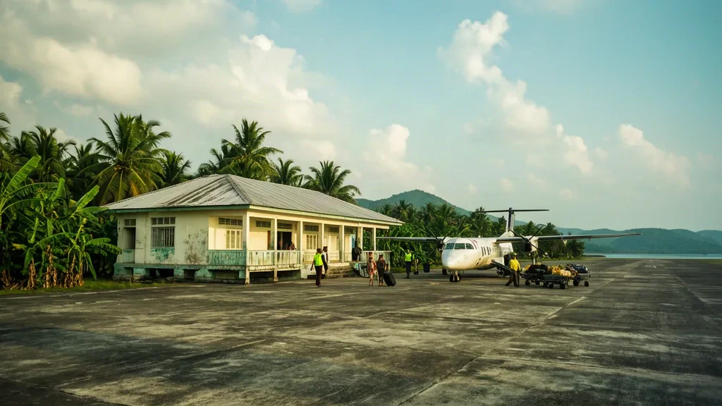 Pequeño edificio terminal tropical y plataforma en el aeropuerto de Manaung, en la isla de Cheduba, estado de Rakáin, Myanmar