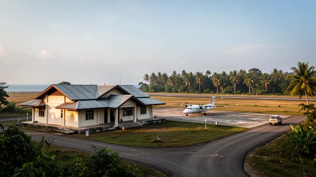 Terminal et tarmac d'un aéroport insulaire tropical à Manaung, dans l'État de Rakhine, au Myanmar, baignés par la lumière chaude de fin d'après-midi.
