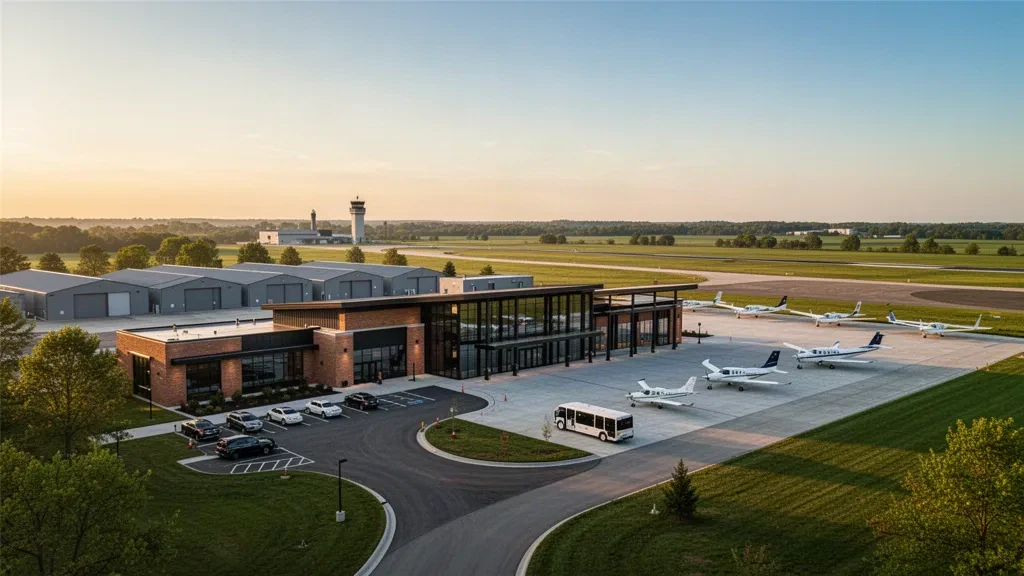 Modernes Terminal der allgemeinen Luftfahrt und Vorfeld mit Flugzeugen am Dayton-Wright Brothers Airport in Ohio bei warmem goldenem Abendlicht