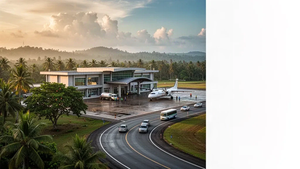 Edificio terminal de poca altura y plataforma tropical en el Aeropuerto de Myeik, en la costa de Tanintharyi de Myanmar, durante la hora dorada