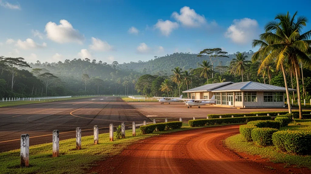 Piccola pista tropicale a Mahdia, Guyana, con un terminal modesto, aerei a elica parcheggiati e foresta pluviale circostante durante l'ora d'oro