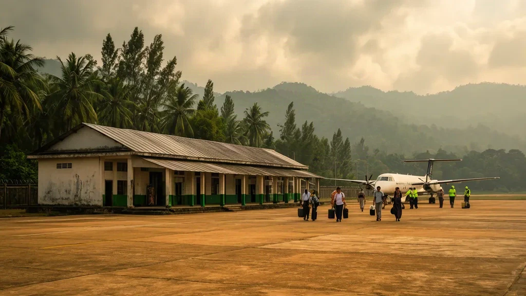 Passeggeri con bagagli che attraversano il piazzale soleggiato davanti al terminal basso dell'aeroporto di Myeik nel Myanmar meridionale